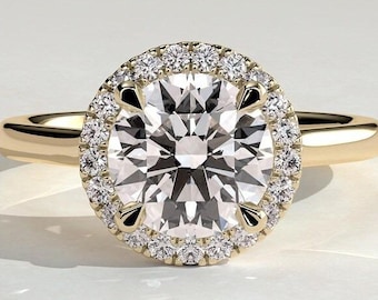 Anillo de compromiso con halo redondo, anillo de moissanita de talla redonda, anillo con halo de diamantes cultivados en laboratorio, anillo solitario clásico con halo, regalo de anillo de novia de oro de 14 quilates