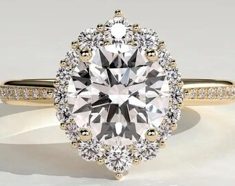 Anillo de compromiso con halo redondo, anillo pavé de talla redonda, anillo de moissanita con halo, anillo de diamantes cultivados en laboratorio, anillo de boda tipo catedral, regalo de anillo de oro de 14 quilates