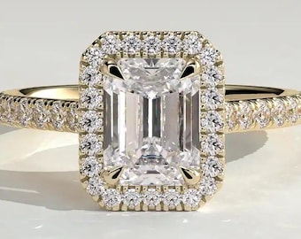 Anillo de compromiso con halo de esmeraldas, anillo pavé con talla esmeralda, anillo de moissanita con halo, anillo de diamantes cultivados en laboratorio, anillo de boda catedral de oro de 14 quilates.