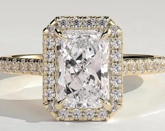 Anillo de compromiso con halo de talla radiante, anillo de moissanita o diamante cultivado en laboratorio, anillo con halo radiante, banda pavé, engaste catedral, anillo de novia para ella.
