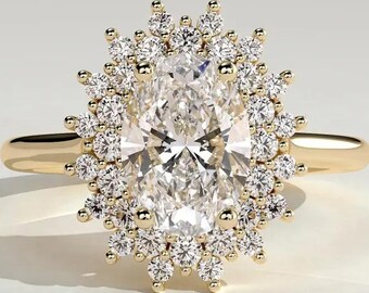 Anillo de compromiso ovalado con halo de rayos de sol, anillo de moissanita de talla ovalada, anillo de diamante cultivado en laboratorio, anillo floral de doble halo, regalo único para novias