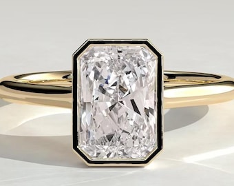 Anillo de compromiso con bisel radiante, anillo solitario de talla radiante, anillo de moissanita con engaste de bisel, anillo catedral abierto, regalo de anillo de diamantes de laboratorio de oro de 14 quilates