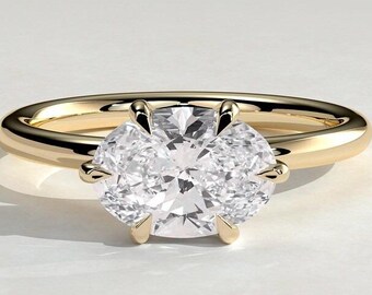 Anillo de compromiso solitario ovalado de 6 garras con orientación este-oeste / Anillo de oro macizo de 14 quilates / Anillo de moissanita o diamante cultivado en laboratorio / Anillo de boda para ella