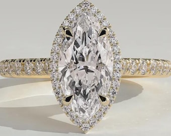 Anillo de compromiso con halo y talla marquesa, anillo de moissanita o diamante cultivado en laboratorio, anillo marquesa de 4 garras, anillo con engaste catedral y banda pavé, anillo nupcial.