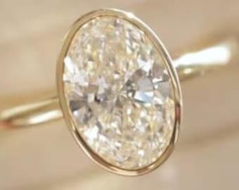 Anillo solitario de moissanita ovalada de 2 quilates, anillo de compromiso con engaste biselado, anillo minimalista de oro macizo de 14 quilates, anillo de diamantes, regalo de aniversario para ella.