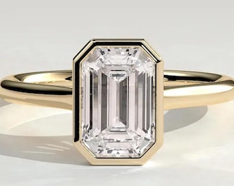 Anillo de compromiso con diamante cultivado en laboratorio, talla esmeralda y engaste biselado, anillo solitario, anillo de moissanita con engaste biselado, anillo con engaste catedral, regalo de anillo de oro de 14 quilates