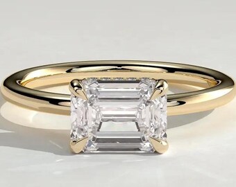 Anillo de compromiso East West Emerald con diamante cultivado en laboratorio, anillo solitario con talla esmeralda, anillo de moissanita con halo oculto, anillo minimalista de oro de 14 quilates.