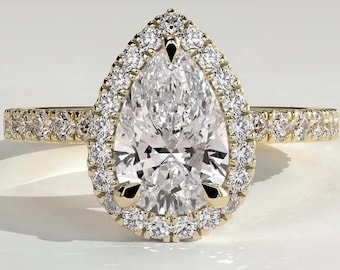 Anillo de compromiso con halo de pera, anillo pavé con corte de pera, anillo de moissanita con halo, anillo de diamantes cultivados en laboratorio, anillo de boda catedral de oro de 14 quilates, regalo para ella.