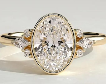 Anillo de compromiso solitario con bisel ovalado, anillo de moissanita o diamante cultivado en laboratorio, anillo con bisel y piedras laterales marquesa y redonda, anillo nupcial único