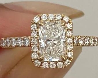 Anillo de compromiso de moissanita talla radiante de 3 quilates, anillo de oro con halo pavé, anillo de boda de estilo vintage, anillo de propuesta de oro macizo de 14 quilates para mujer.