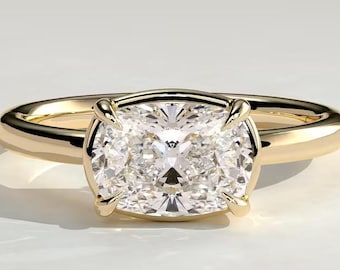 Anillo de compromiso East West Cushion Cut, anillo solitario con diamante cultivado en laboratorio de talla cojín alargada, anillo minimalista de oro de 14 quilates, regalo para ella.