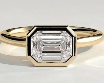 Anillo de compromiso con diamante cultivado en laboratorio de talla esmeralda, anillo solitario con engaste de moissanita, anillo con montura catedral, anillo de oro llamativo para ella.