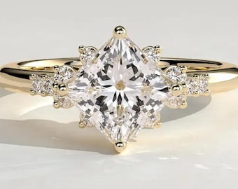 Anillo de compromiso con diamante cultivado en laboratorio de talla princesa, anillo solitario, anillo con diamantes en racimo, anillo de boda de moissanita, anillo de oro macizo de 14 quilates para ella.