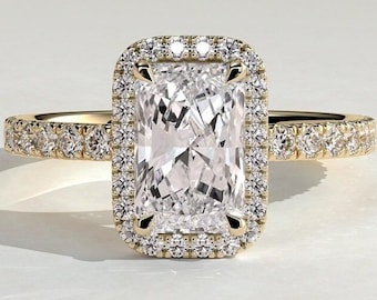 Anillo de compromiso Radiant Halo con diamantes cultivados en laboratorio, anillo pavé de talla radiante, anillo de moissanita Halo, anillo de boda catedral, regalo de anillo de oro de 14 quilates