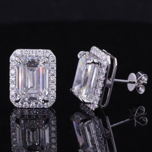 Emerald Cut Lab Grown Diamond Halo Stud Earrings, Rectangular Halo Earrings, 14K White Gold Stud Earrings, Bridal Jewelry Gift for Her