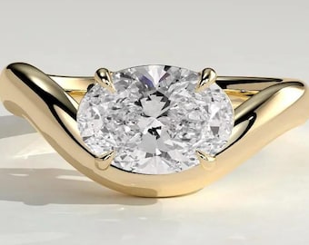 Anillo de compromiso ovalado de diamante cultivado en laboratorio, anillo ovalado de moissanita, anillo solitario con banda ondulada, anillo de boda minimalista de oro de 14 quilates para ella.