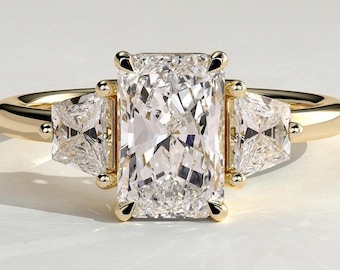 Anillo de compromiso trilogía con corte radiante, anillo con piedra lateral trapezoidal, anillo de moissanita o diamante cultivado en laboratorio, anillo de tres piedras, anillo nupcial de oro de 14 quilates.