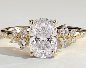 Elongated Cushion Cut Engagement Ring, Moissanite Cushion Ring, Cluster Diamond Shoulder Ring, 14K Gold Solitaire Ring, Unique Bridal Ring