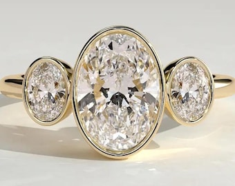Anillo de compromiso trilogía con bisel ovalado, anillo de moissanita ovalada de tres piedras, anillo de diamantes cultivados en laboratorio, anillo de boda de oro de 14 quilates, regalo de aniversario para ella.