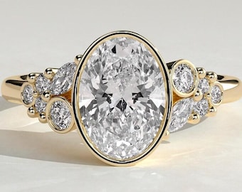 Anillo de compromiso ovalado con diamante cultivado en laboratorio, anillo solitario ovalado, anillo de hombro con diamantes engastados en racimo, anillo de moissanita con engaste de bisel, regalo de anillo de oro de 14 quilates