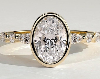 Anillo de compromiso con diamante cultivado en laboratorio de talla ovalada y engaste biselado, anillo solitario ovalado con diamantes en racimo, anillo con acento redondo y talla marquesa, anillo de oro macizo de 14 quilates, regalos para ella.