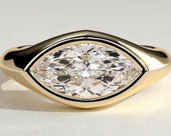 Anillo de diamantes cultivados en laboratorio talla marquesa, anillo de compromiso con engaste marquesa, anillo de sello, anillo de moissanita con engaste biselado, regalo de anillo de oro de 14 quilates