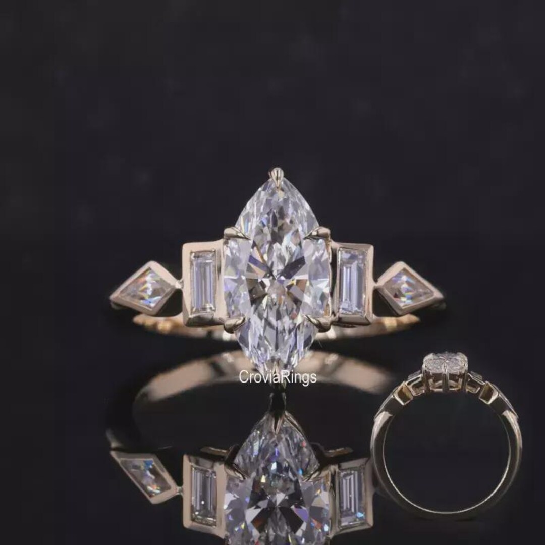 Marquise Cut Lab Grown Diamond Engagement Ring, Art Deco Baguette Side ...
