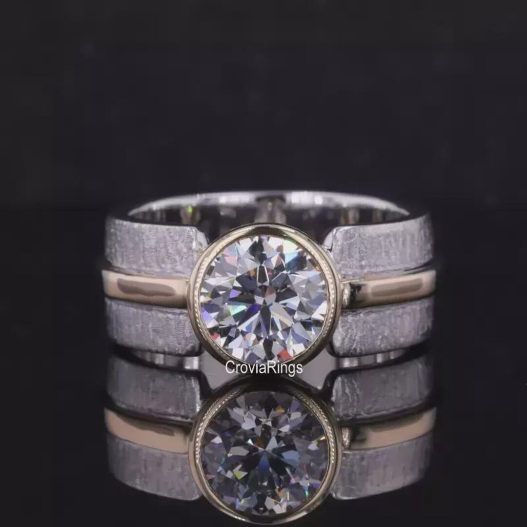 Bezel Set Round Lab Grown Diamond Wedding Ring, Diamond Wide Band Ring ...