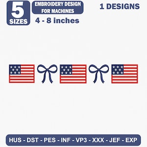 Pode incluir: Design de bordado para máquinas com bandeiras americanas e laços. O design inclui cinco tamanhos, variando de 10,16 cm a 20,32 cm. As bandeiras têm listras vermelhas e brancas com um campo azul de estrelas. Disponível em vários formatos.