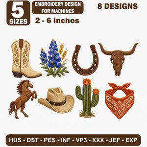 May include: Digital embroidery design set featuring 8 Western-themed icons: a beige cowboy boot, blue lupine flowers, a brown horseshoe, a longhorn skull, a rearing brown horse, a beige cowboy hat, a green cactus, and an orange paisley bandana.