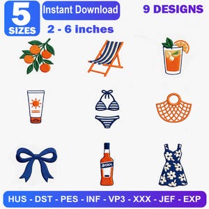 Puede incluir: Nueve diseños de bordado con temas de verano, incluyendo una silla de playa, cóctel, bikini, bolso de playa, lazo, botella de Aperol y vestido floral. Los diseños están disponibles en 5 tamaños, de 5,08 a 15,24 cm. La imagen también incluye el texto "Descarga instantánea".