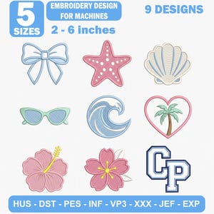 Puede incluir: Una colección digital de 9 diseños de bordado para máquinas en 5 tamaños que van de 5 a 15 cm. Los iconos incluyen un lazo azul claro, una estrella de mar rosa, una concha, gafas de sol color menta, una ola azul, una palmera en un corazón, un hibisco, una flor y las letras CP.