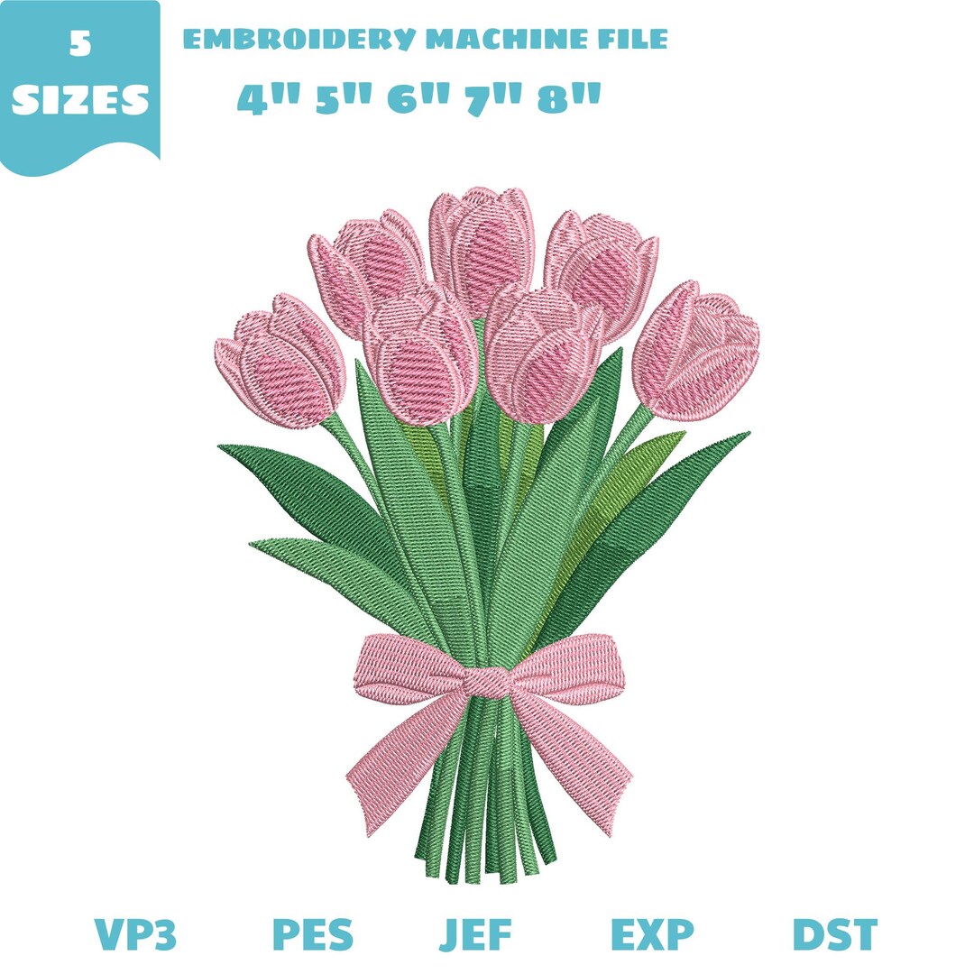 Pink Tulip Flower Machine Embroidery File, Tulip Bouquet (instant ...
