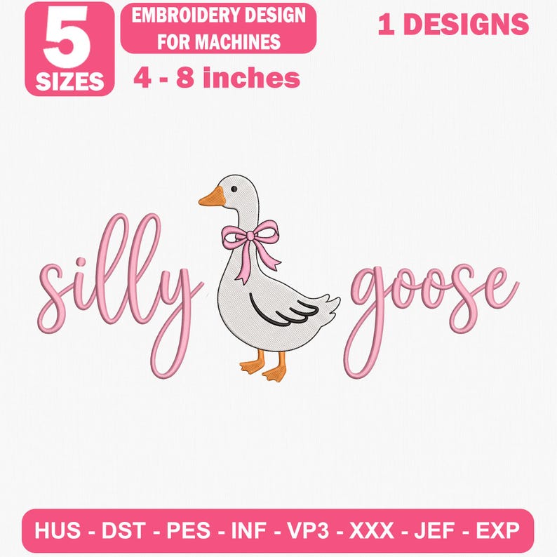Silly Goose Embroidery Design With Bow, Machine Embroidery File (4-8 ...