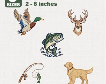 Hunting Fishing Embroidery Bundle, Deer Duck Bass Golden Retriever Designs (Digital Download)