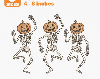 May include: An embroidery design for machines featuring three skeletons with orange pumpkin heads in dancing poses. The text reads 5 SIZES, EMBROIDERY DESIGN FOR MACHINES, 1 DESIGNS, 4 - 8 inches, and HUS - DST - PES - INF - VP3 - XXX - JEF - EXP.