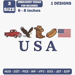 Può includere: Un ricamo per macchine da cucire con un pick-up rosso, un'aquila calva, stivali da cowboy marroni, un hot dog e la bandiera americana. Sotto le icone, il testo USA è visualizzato in grandi lettere blu. Il design misura 15-20 cm.