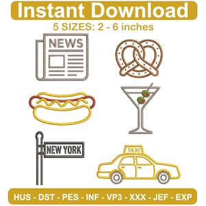 May include: An illustration with the text "Instant Download" and "5 SIZES: 2 - 6 inches". The image features a newspaper, pretzel, hot dog, martini, New York street sign, and a taxi cab.