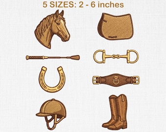 Conjunto de diseños de bordado ecuestre en miniatura, iconos de caballos con puntada satinada (descarga digital)