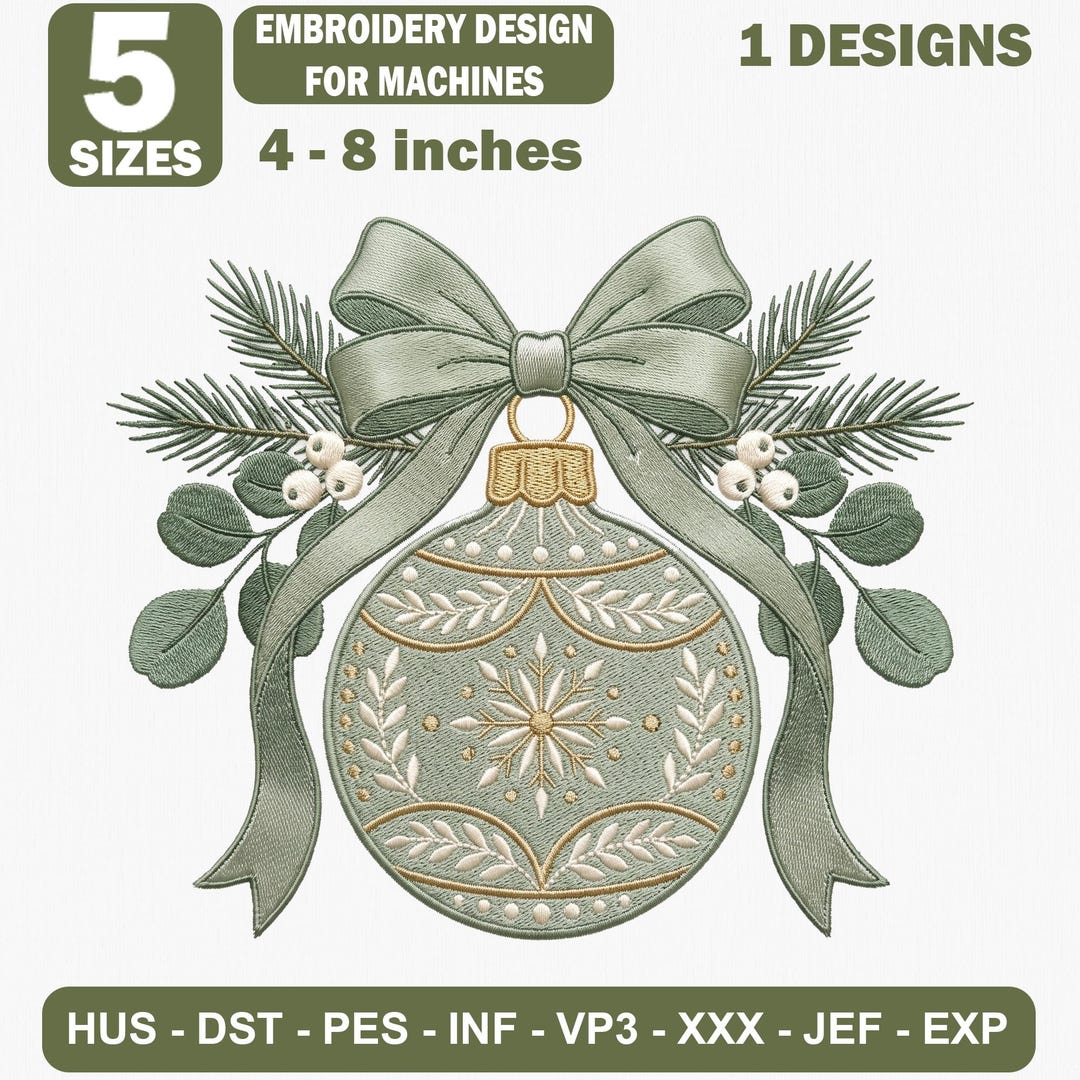 Vintage Christmas Ornament Embroidery Design, Evergreen Bow, Botanical ...