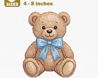 May include: An embroidery design for machines featuring a brown teddy bear with a light blue bow tie. The text reads 5 SIZES, EMBROIDERY DESIGN FOR MACHINES, 1 DESIGNS, 4 - 8 inches, and HUS - DST - PES - INF - VP3 - XXX - JEF - EXP.