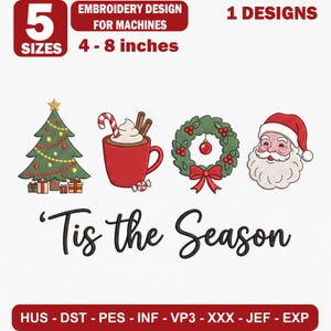 Weihnachtsstickmuster, Weihnachtssymbole für die Stickmaschine, Stickdatei mit Weihnachtsmann, Kakaokranz und Weihnachtsbaum, Feiertags-PES-DST-Download