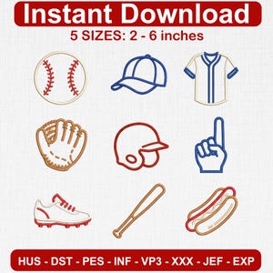 May include: A collection of baseball-themed embroidery designs. Includes a baseball, cap, jersey, glove, helmet, foam finger, shoe, bat, and hot dog. The designs are available in 5 sizes, ranging from 2 to 6 inches.