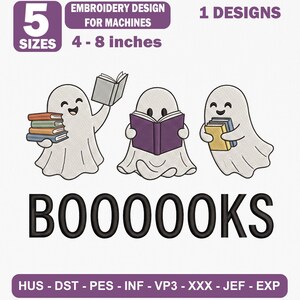 以下が含まれることがあります： 本を持つ3体の白い幽霊と「BOOOOOKS」という文字が描かれたミシン刺繍デザイン。10cmから20cmまでの5つのサイズが含まれており、HUS、DST、PES、INF、VP3、XXX、JEF、EXPのファイル形式に対応しています。