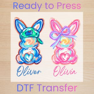 Boy Girl Easter Bunny DTF Transfer Ready to Press, Personalized Kids Brushstroke Rabbit Heat Transfer, Custom Name Easter Iron On Shirt