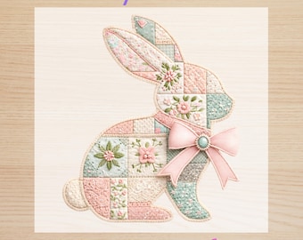 Patchwork Easter Bunny DTF Transfer Ready to Press, Faux Embroidery Rabbit Heat Transfer, Floral Quilt Iron On, Shabby Chic Spring Shirt