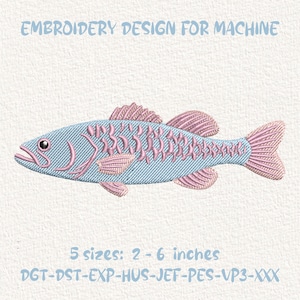 May include: An embroidery design for machine featuring a fish with a light blue body and pink fins, gills, and skeletal details. The text reads EMBROIDERY DESIGN FOR MACHINE, 5 sizes: 2 - 6 inches, and DGT-DST-EXP-HUS-JEF-PES-VP3-XXX.