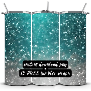 glitter tumbler wrap PNG | teal and silver glitter sublimation | 20 oz Skinny Tumbler | Sublimation Design