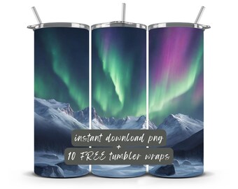 Envoltorio para vaso Aurora Borealis: Auroras Boreales, Montañas Nevadas (Descarga digital PNG)