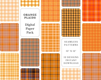 May include: Twelve digital paper patterns featuring orange plaid designs. The patterns are seamless and measure 12 inches by 12 inches. The text "ORANGE PLAIDS", "Digital Paper Pack", "SEAMLESS PATTERNS", "12" X 12"